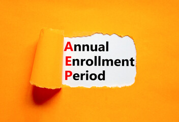 AEP symbol. Concept words AEP Annual enrollment period on beautiful white paper. Beautiful orange...