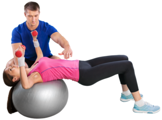 Young couple training together  on white background