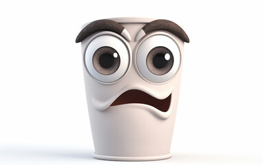  Illustration of a cartoon coffee glass with emotion. A perplexed paper cup character with a whimsical frown, adding a touch of humor to the beverage experience.