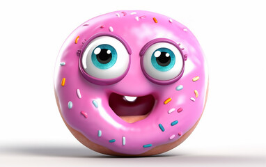 Illustration of cartoon donuts with emotion. A pink frosted donut character with a beaming smile, sprinkled with joy and a playful spirit.