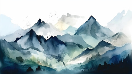 Fototapeta na wymiar beautiful mountain panorama painted with watercolors. Generative AI