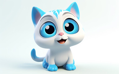 Obraz premium Illustration of a cartoon kitten with emotion. A delightful kitten with blue accents, its wide eyes expressing wonder and playful mischief.