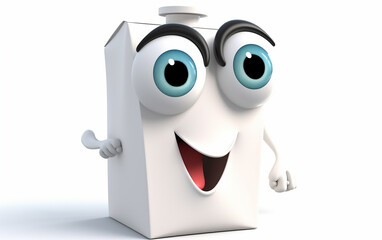 Illustration of a cartoon milk carton with emotion. A friendly milk carton character with a wide, welcoming smile, adding a splash of fun to breakfast.