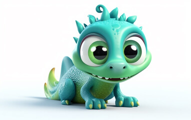 Fototapeta premium Illustration of a cartoon bdragon with an emotion. A tiny, delightful dragon with big eyes full of curiosity, its scales hinting at mythical adventures.