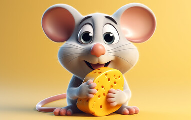 Illustration of a cartoon mouse with emotion.A cheerful mouse, clutching a slice of Swiss cheese, portrays delight in a whimsical, heartwarming scene.