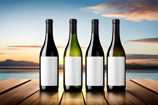 bottles of wine with blank label on the table at beach, generative ai