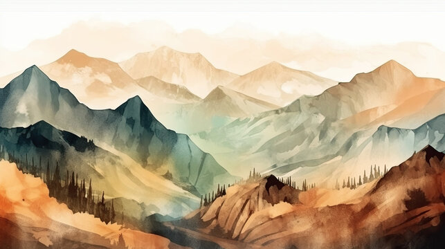 beautiful mountain panorama painted with watercolors. Generative AI