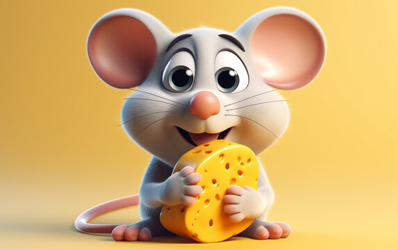 Illustration of a cartoon mouse with emotion.A cheerful mouse, clutching a slice of Swiss cheese, portrays delight in a whimsical, heartwarming scene.