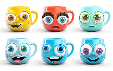 Fototapeta premium A collection of colorful coffee mugs with lively expressions, perfect for a fun kitchenware series.