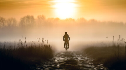 Radfahrer / Mountainbiker im Morgenlicht / Abendlicht, Stimmungsvoll, warmes Sonnenlicht, KI generiert