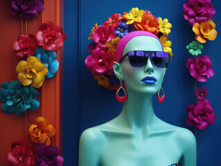 Künstliche Frauen mit Blumen Schmuck auf dem Kopf - Mannequin Schaufensterpuppe - retro und vintage design - flower power