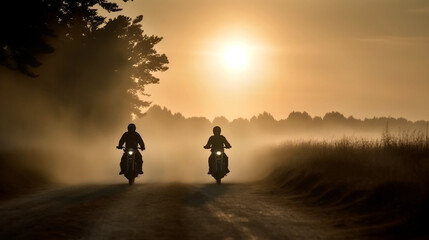 Motorrad in stimmungsvoller Abendstimmung / Morgenstimmung. Warmes Licht, KI generiert