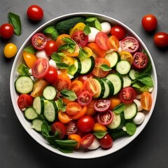 Generative AI top down image summer spring salad with tomatoes cucumbers and other vegetables