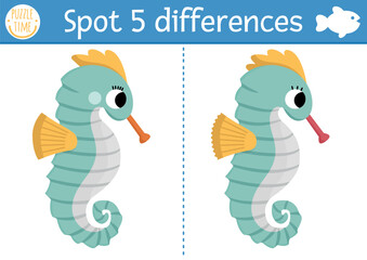Find differences game for children. Under the sea educational activity with cute seahorse. Ocean life puzzle for kids with water animal character. Underwater printable worksheet or page.