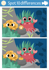 Fototapeta na wymiar Find differences game for children. Under the sea educational activity with cute scene with crab, sponge. Ocean life puzzle for kids with water animals. Underwater printable worksheet.