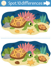 Find differences game for children. Under the sea educational activity with cute mother and baby turtle. Ocean life puzzle for kids with water animal character. Underwater printable worksheet or page.