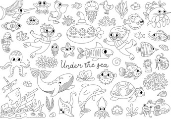 Vector black and white under the sea set. Ocean line collection with seaweeds, fish, divers, submarine. Cartoon water animals and weeds. Wreaked ship, dolphin, whale, tortoise coloring page.