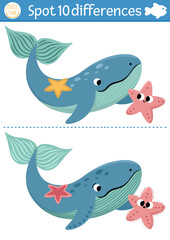 Fototapeta premium Find differences game for children. Under the sea educational activity with cute whale, starfish. Ocean life puzzle for kids with water animal character. Underwater printable worksheet or page.