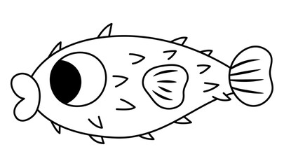 Vector black and white blowfish icon. Under the sea line illustration with cute funny deflated spiky fish. Ocean animal clipart. Cartoon underwater or marine clip art, coloring page for children. © Lexi Claus
