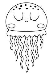 Vector black and white jellyfish icon. Under the sea line illustration with cute funny jelly fish. Ocean animal clipart. Cartoon underwater or marine clip art or coloring page for children.