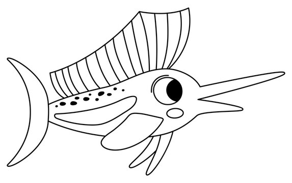 recommend clip art: Vector black and white sailfish icon. Under the sea line illustration with cute funny fish with long nose. Ocean animal clipart. Cartoon underwater or marine clip art or coloring page for children.