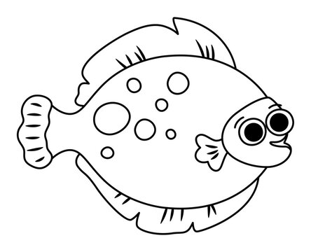 recommend clip art: Vector black and white flounder icon. Under the sea line illustration with cute funny flat fish. Ocean animal clipart. Cartoon underwater, marine clip art or coloring page for children. Plaice picture