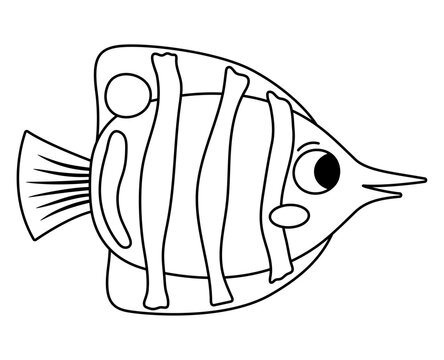 Vector black and white butterfly fish icon. Under the sea line illustration with cute funny creature. Ocean animal clipart. Cartoon underwater or marine clip art or coloring page for children.