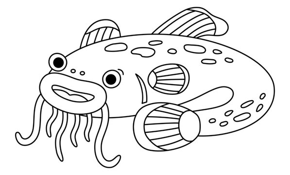 Vector black and white catfish icon. Under the sea line illustration with cute funny fish. Ocean animal clipart. Cartoon underwater or marine clip art or coloring page for children. Sheatfish picture.