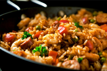 Delicious home cooked jambalaya in a cast iron skillet. Traditional specialty of Louisiana and other Southerns states .