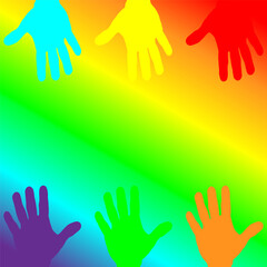 Colored hands on a rainbow background. Happy LGBTQ+ Pride Month. Vector illustration