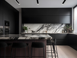 A modern kitchen with sleek appliances and marble countertops