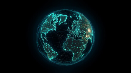 Fototapeta premium Big data network on wireframe globe. Global connectivity and internet telecommunication technology. Planet Earth map. Generative Ai.