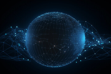 Big data network on wireframe globe. Global connectivity and internet telecommunication technology. Generative Ai.