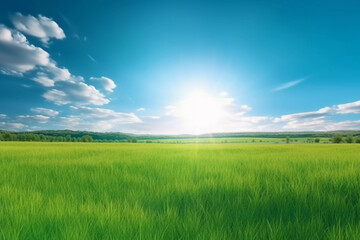 Fototapeta na wymiar Beautiful Panoramic Natural Landscape of a Green Field with Grass Against a Blue Sky with Sun. AI Generated.