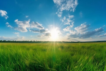 Beautiful Panoramic Natural Landscape of a Green Field with Grass Against a Blue Sky with Sun. AI Generated.