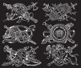 Set of hand drawn sketch style coat of arms isolated on black background. Vector illustration.