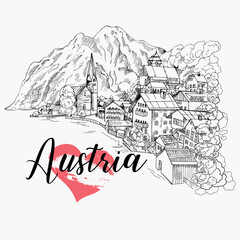 Hand drawn sketch style view of Hallstatt village isolated on white background. Vector illustration. - 597538355