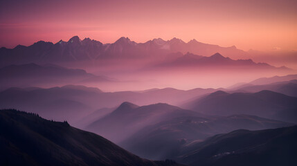 A majestic mountain range, captured with a 50mm prime lens at sunrise