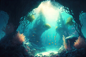 Underwater river or seascape with tree roots, tropical fish, and algae. Generative AI illustration.