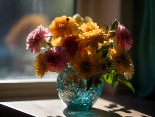 A close-up of a colorful bouquet of flowers in a vase on a sunny windowsill