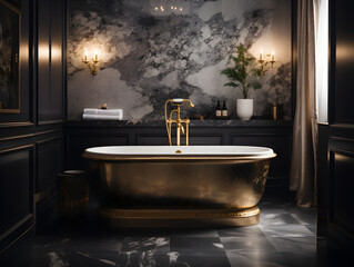 A luxurious bathroom with a marble bathtub and gold fixtures, captured in sharp detail with a 50mm prime lens