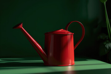 red garden watering can On the table On a green background, Generative AI