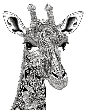 Giraffe vector coloring book black and white for kids and adults isolated line art on white background.