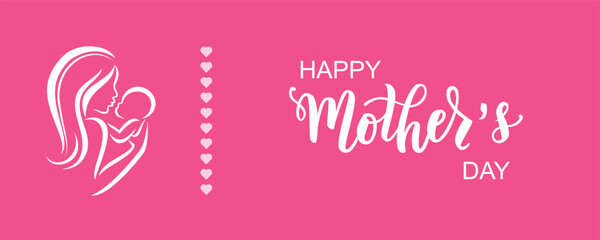 Happy Mother's Day design banner. It features a line styled logo of a mother holding a baby on a pink background. Vector illustration