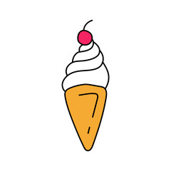 Ice cream in a cone with cherries. Vector illustration in doodle style. Ice cream scoop in cone with vanilla and cherry