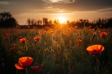 Fototapeta na wymiar poppy field at sunset -Ai