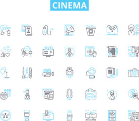 Cinema linear icons set. Film, Action, Drama, Comedy, Romance, Thriller, Horror line vector and concept signs. Adventure,Sci-fi,Fantasy outline illustrations Generative AI
