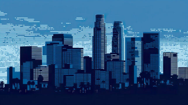 A blue city skyline with skyscrapers in the background. AI generative. Nostalgic Los-Angeles skyline