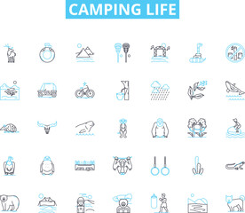 Camping life linear icons set. Adventure, Bonfire, Backpack, Tent, Hiking, Marshmallow, Nature line vector and concept signs. Outdoors,Campfire,Sleepingbag outline illustrations Generative AI