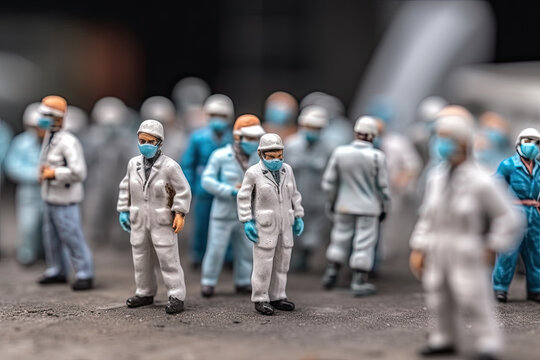 Miniature figurines of crowd of people wearing medical masks and protective suits, created with Generative AI